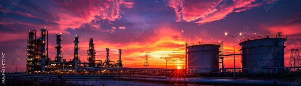 Silhouetted Oil Tanks Against Radiant Sunset Sky - Industrial Landscape Photography. Silhouetted Oil Tanks Against Radiant Sunset Sky - Industrial Landscape Photography.