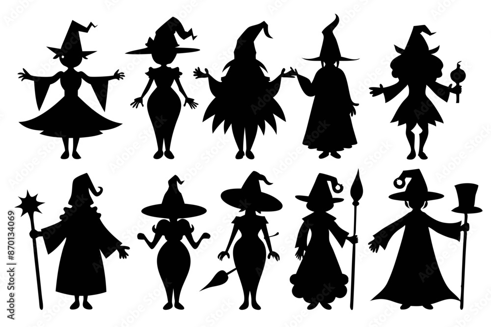 Halloween witch set. Black silhouette Halloween witch vector illustration, set of halloween witches Halloween witch set. Black silhouette Halloween witch vector illustration, set of halloween witches