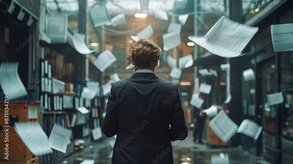 Composed businessman in a chaotic workspace, focused on the goal despite distractions of flying papers in the air. Composed businessman in a chaotic workspace, focused on the goal despite distractions of flying papers in the air.