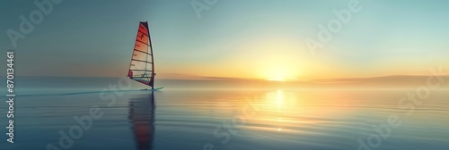 A windsurfer catching the first light of day, with the sun rising over the horizon. The water is calm and smooth, perfect for windsurfing