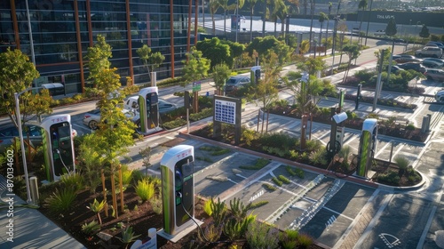 A city plaza with solar-powered charging stations for electric vehicles and green spaces with native plants.