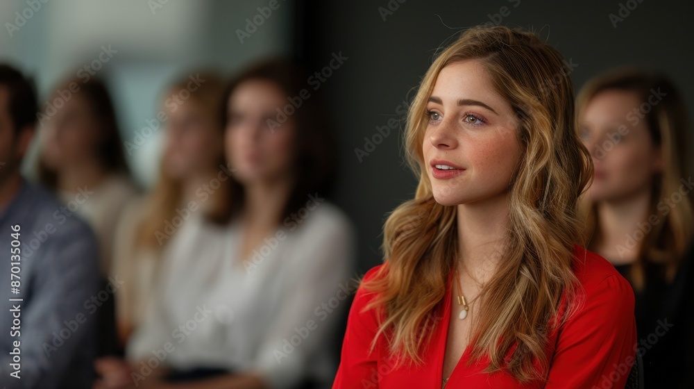 Young Professional Woman Attending Business Seminar in Modern Office Setting with Colleagues Young Professional Woman Attending Business Seminar in Modern Office Setting with Colleagues