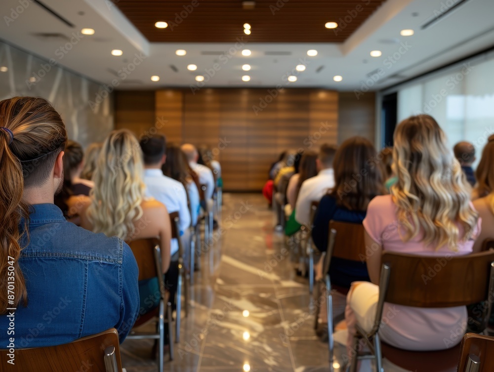 Business Conference Meeting with Diverse Audience in Modern Office Setting Business Conference Meeting with Diverse Audience in Modern Office Setting