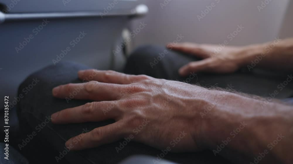 stress on plane. afraid of flying. close up of hands on knees during a flight. Man scared or stressed due to the fly. Aerophobia extreme fear of flying. Intense anxiety before or during a flight. stress on plane. afraid of flying. close up of hands on knees during a flight. Man scared or stressed due to the fly. Aerophobia extreme fear of flying. Intense anxiety before or during a flight.