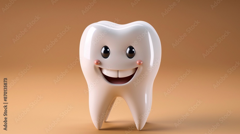 A cartoon tooth character smiling, isolated on a brown background. A cartoon tooth character smiling, isolated on a brown background.