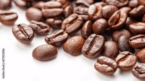 A close-up of coffee beans spread out on a white background.