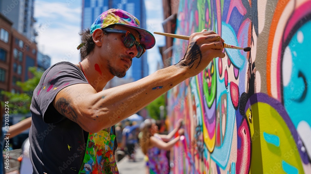 Obraz premium an artist painting a vibrant mural on a city wall. The scene includes the artist with brushes and paint