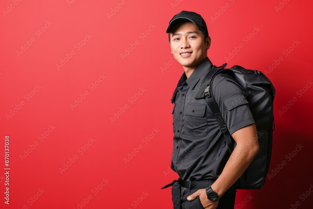 Professional Photography of a food delivery person wearing a uniform. Highlight the professional look, Generative AI Professional Photography of a food delivery person wearing a uniform. Highlight the professional look, Generative AI