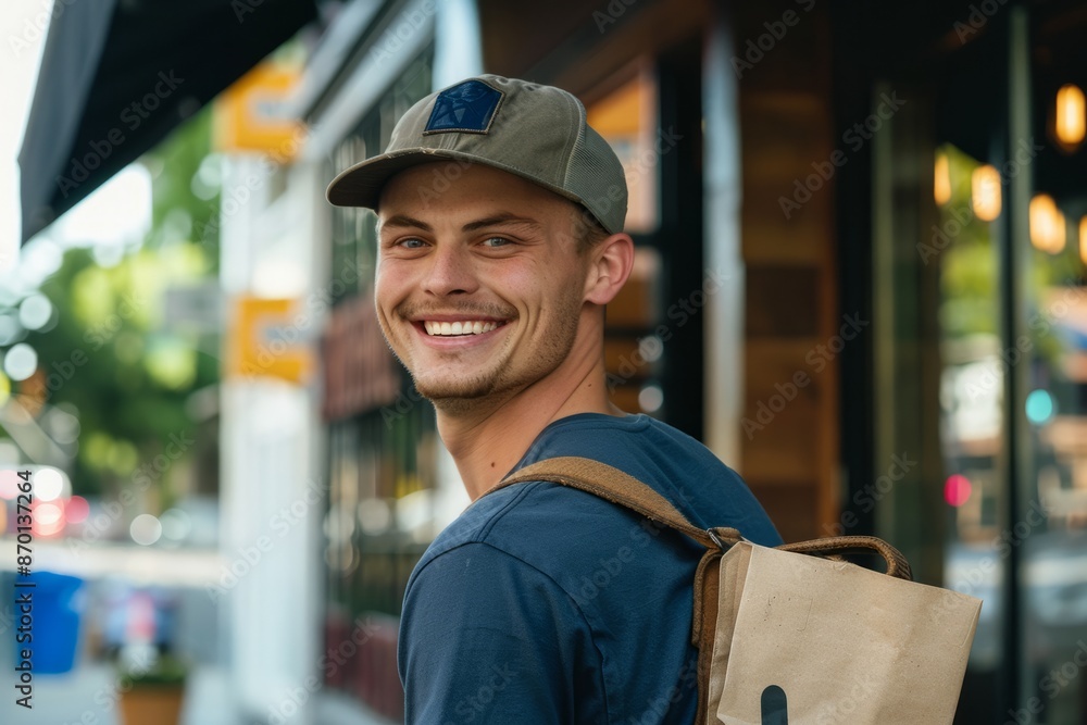 Professional Photography of a food delivery person with a smile. Show the positive side of the job, Generative AI Professional Photography of a food delivery person with a smile. Show the positive side of the job, Generative AI
