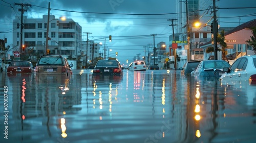 Wallpaper Mural A coastal city flooded by a storm surge, with submerged cars and buildings reflected in the water. Torontodigital.ca