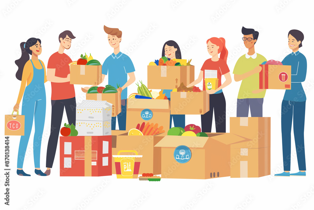 group of people are standing around boxes of food, including vegetables and a box of sandwiches. Scene is one of community and generosity, as the people are working together to help others in need group of people are standing around boxes of food, including vegetables and a box of sandwiches. Scene is one of community and generosity, as the people are working together to help others in need