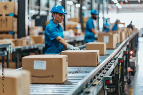 woman is working in a factory with boxes on a conveyor belt.