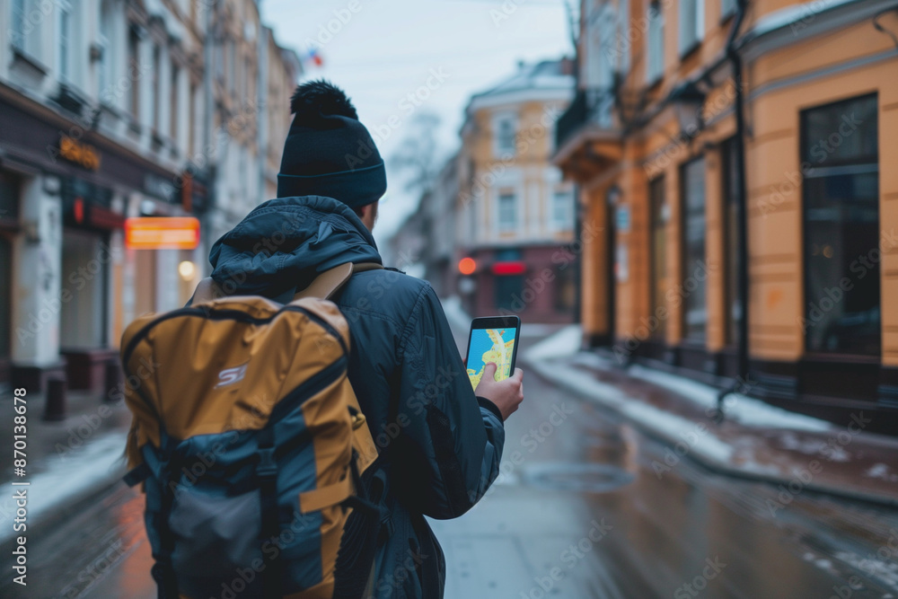 man in a jacket is looking at his phone while walking down the street. He is using a map app to navigate his way man in a jacket is looking at his phone while walking down the street. He is using a map app to navigate his way