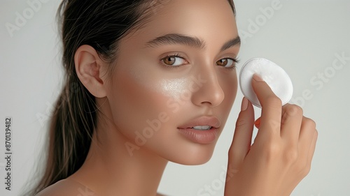 portrait of close-up images showcasing a young woman with flawless skin applying skincare products. photo