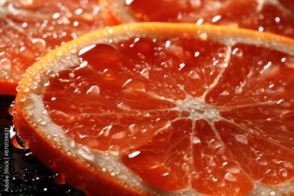 Closeup of a Fresh Grapefruit Slice with Water Droplets Closeup of a Fresh Grapefruit Slice with Water Droplets