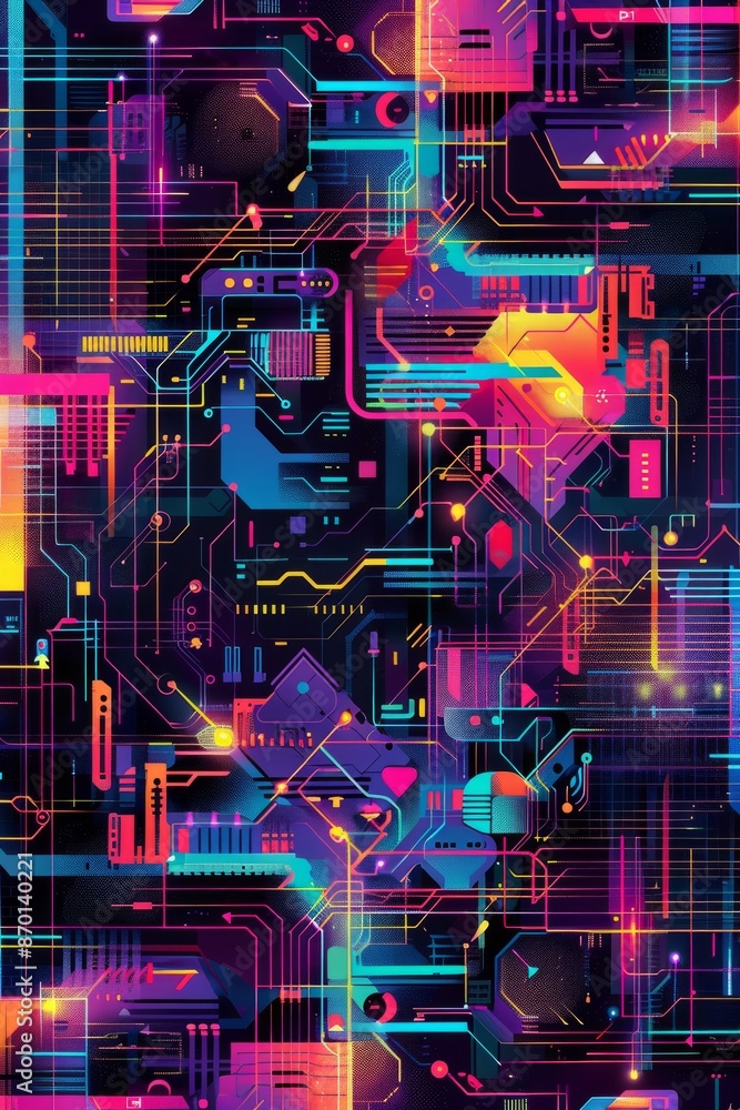 Abstract digital art with neon colors and lines, representing circuitry and technology. Abstract digital art with neon colors and lines, representing circuitry and technology.