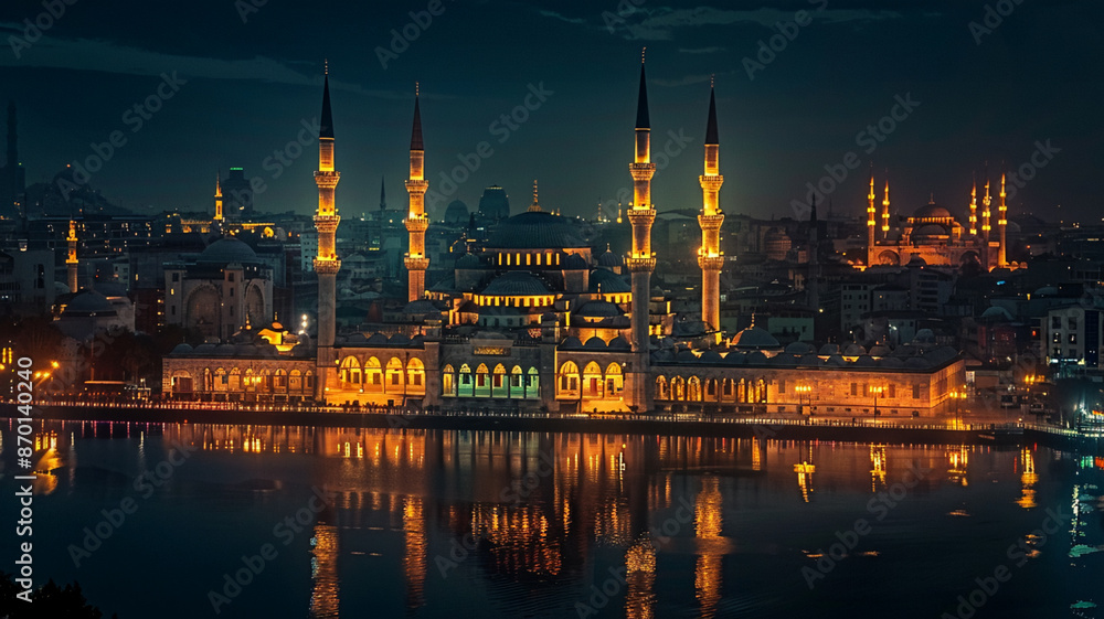 Obraz premium Illuminated minarets rise at famous Blue Mosque, AI Generative.