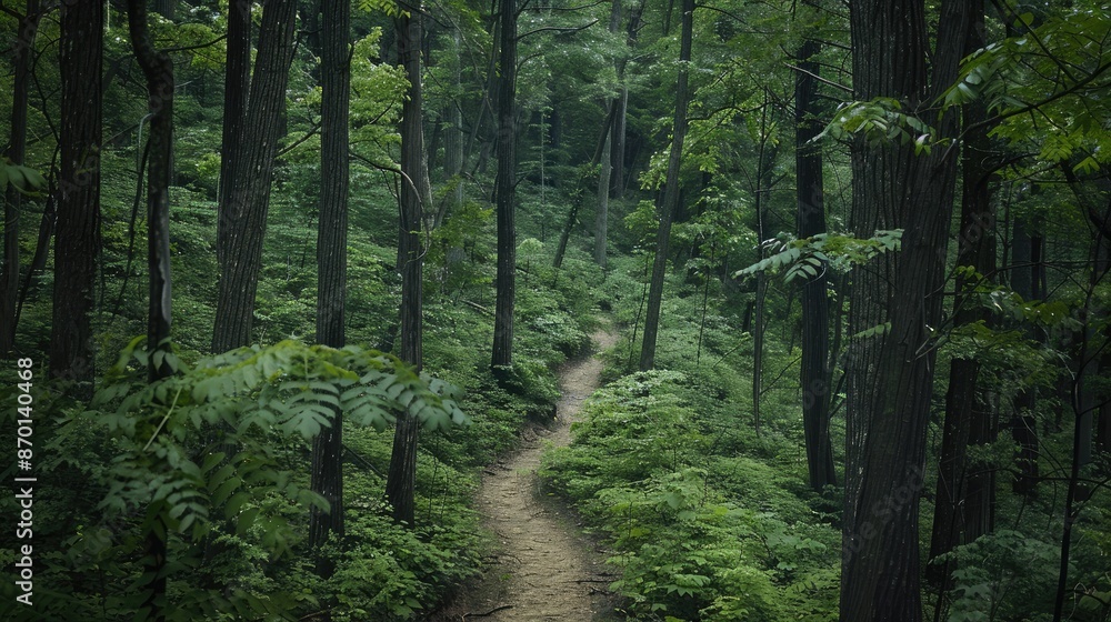 Fototapeta premium A dense forest with a clear path winding through, representing clarity and direction amidst chaos.