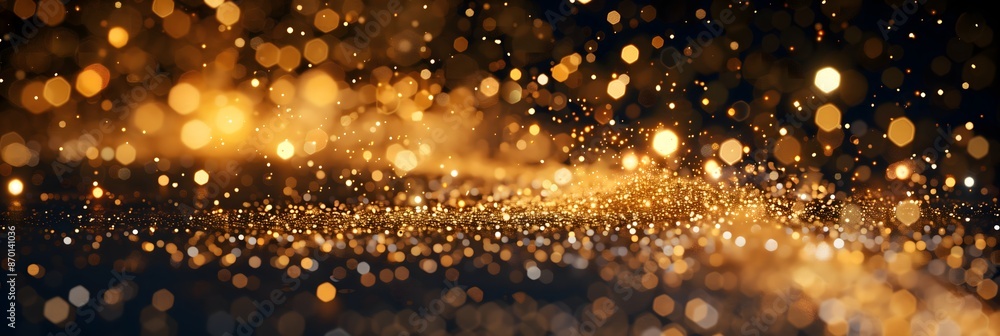Obraz premium The image is a blurry, golden background with many small, glowing dots. The dots are scattered throughout the image, creating a sense of movement and energy. Scene is one of excitement and celebration