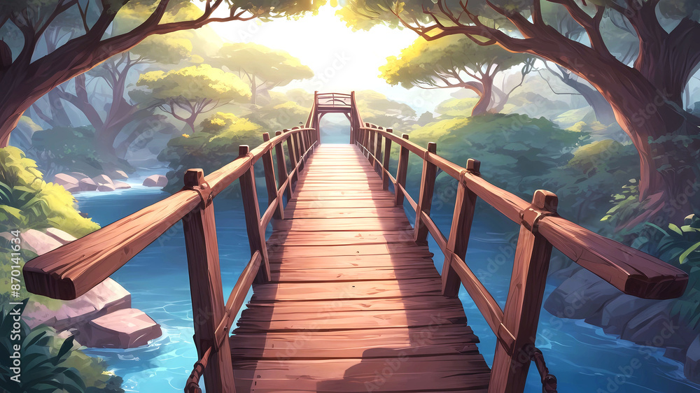 Fototapeta premium Wooden bridge, Illustration, cartoon background 