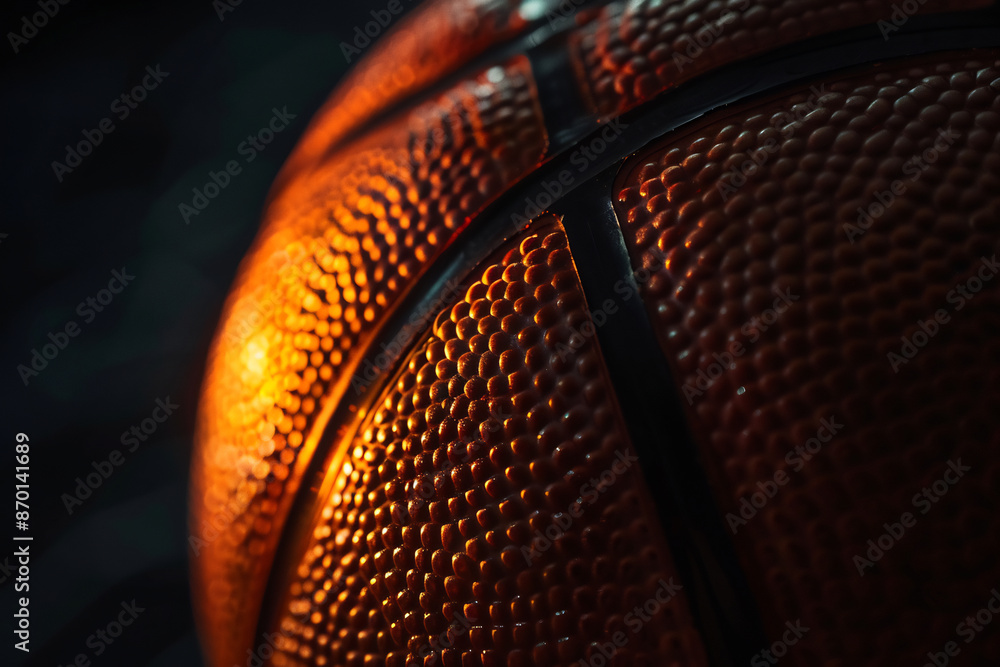 Fototapeta premium Macro shot of textured basketball surface with dramatic lighting, highlighting detail and craftsmanship