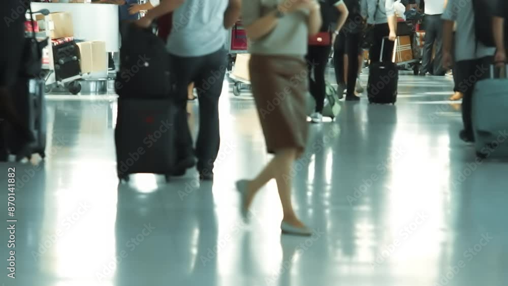 Selective focus on travelers at a busy airport waiting to check in and board. Passengers handle luggage, check flight info, and prepare travel documents amid the bustling scene Selective focus on travelers at a busy airport waiting to check in and board. Passengers handle luggage, check flight info, and prepare travel documents amid the bustling scene
