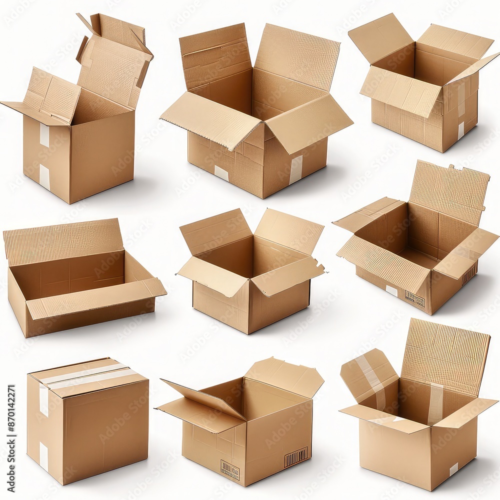 Collection of cartons in various positions, showing open and closed states, perfect for packaging design, isolated on transparent PNG background Collection of cartons in various positions, showing open and closed states, perfect for packaging design, isolated on transparent PNG background