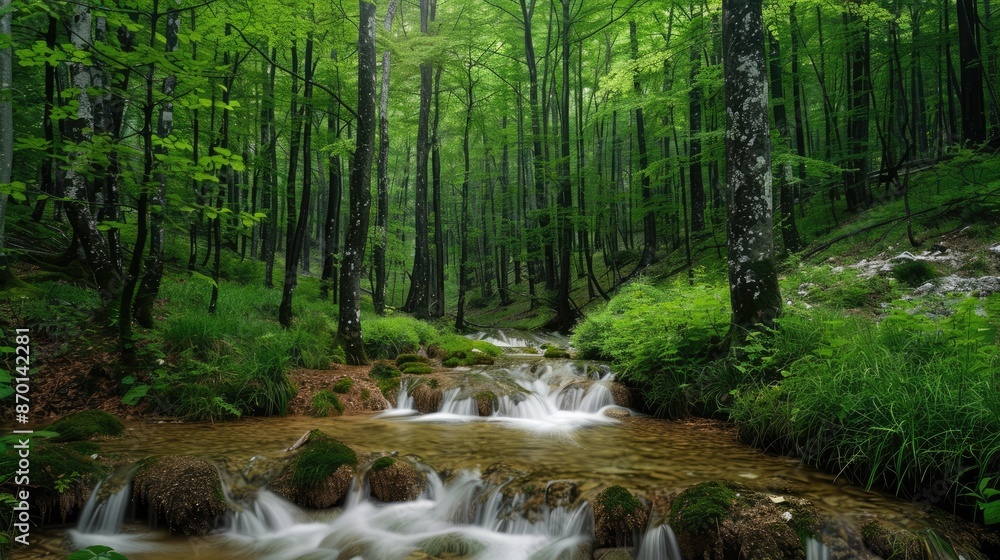 A dense forest with a single, clear stream flowing through, illustrating purity and the journey of life. A dense forest with a single, clear stream flowing through, illustrating purity and the journey of life.