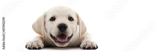 A cute white dog is laying on the ground with its tongue out. The dog appears to be happy and relaxed