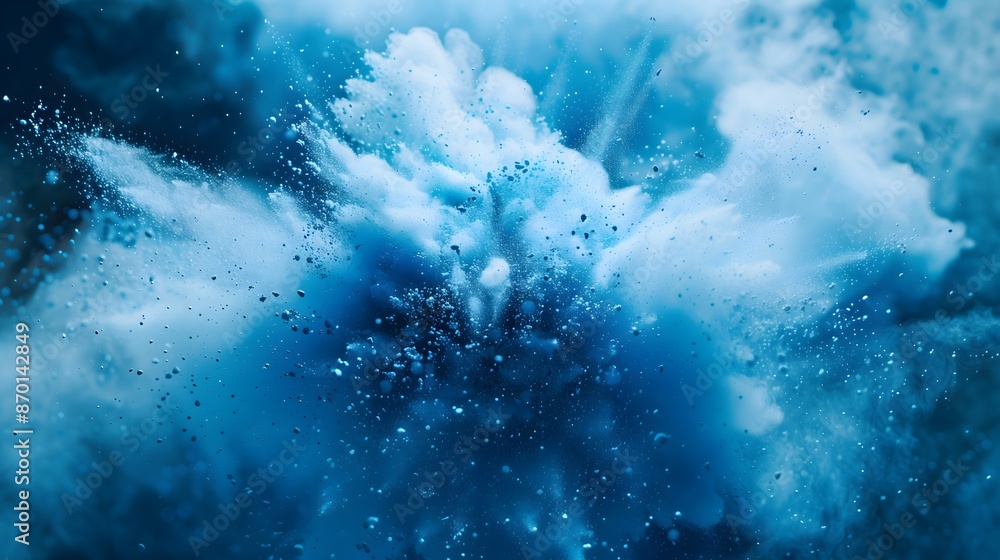 A blue explosion of smoke and dust. The blue color is very bright and stands out against the white background. Concept of chaos and destruction A blue explosion of smoke and dust. The blue color is very bright and stands out against the white background. Concept of chaos and destruction
