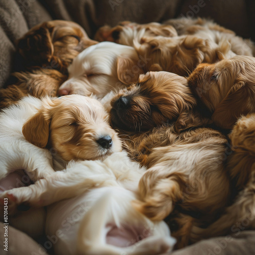 Cute newborn puppies sleeping soundly in a cuddly heap, fluffy litter of adorable pups napping peacefully on a cozy blanket.