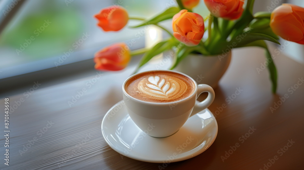 Steaming cup of coffee sits on a saucer next to fresh tulips, a vibrant start to the morning Steaming cup of coffee sits on a saucer next to fresh tulips, a vibrant start to the morning