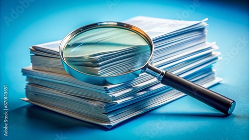 Magnifying glass scrutinizes healthcare policy documents on a calm blue background, symbolizing in-depth examination of insurance coverage and benefits details.