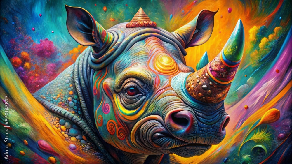 Vibrant abstract artwork features an expressive, brightly painted rhinoceros face with elaborate designs and bold brushstrokes, dominating the canvas. Vibrant abstract artwork features an expressive, brightly painted rhinoceros face with elaborate designs and bold brushstrokes, dominating the canvas.