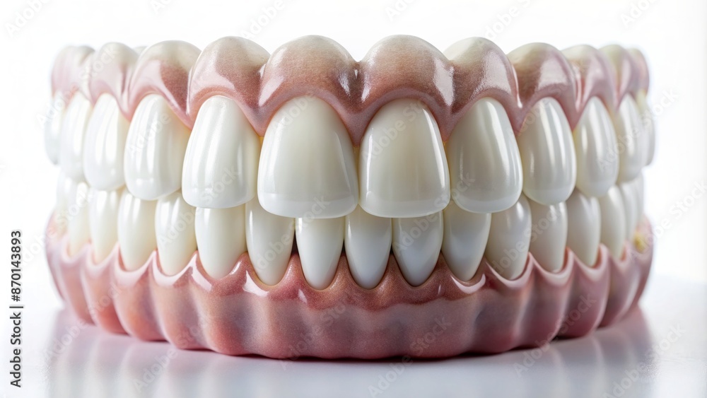 Sparkling white dental implants and veneers surrounded by flowers and dental tools on a modern clinic's sleek granite countertop surface. Sparkling white dental implants and veneers surrounded by flowers and dental tools on a modern clinic's sleek granite countertop surface.