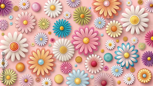 Vibrant, cheerful, and stylized daisy flower icons in various shapes and sizes scattered against a soft, pastel pink background.