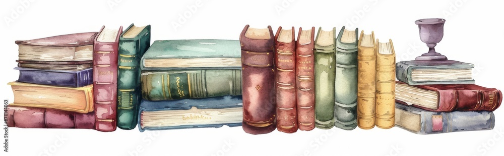 a set of Watercolor illustrations themed stack of books collection white background a set of Watercolor illustrations themed stack of books collection white background