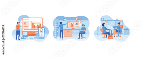 Finance analyst assistant, consultant financial. Two business team meeting for analysis marketing. Businessman talking with female financial consultant. Set flat vector modern illustration