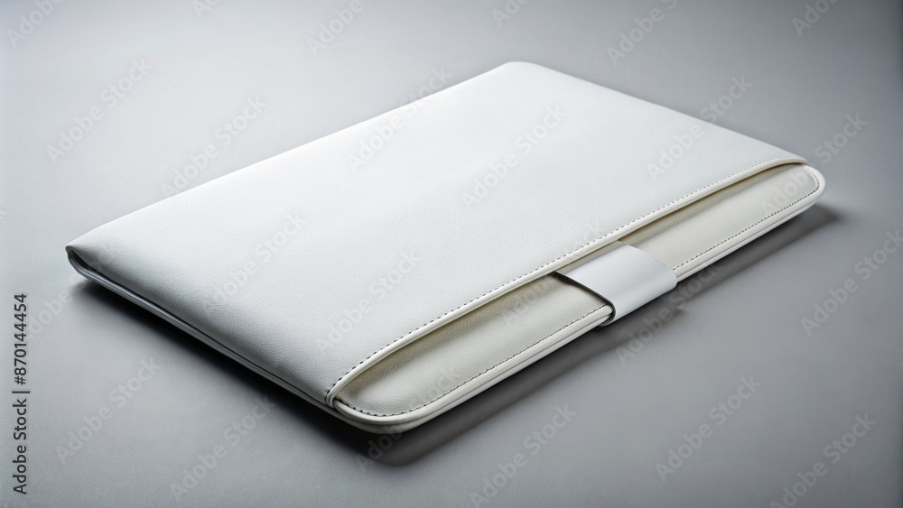 A sleek white laptop sleeve with a velcro closure and padded interior lies isolated on a clean, minimalist background surface. A sleek white laptop sleeve with a velcro closure and padded interior lies isolated on a clean, minimalist background surface.