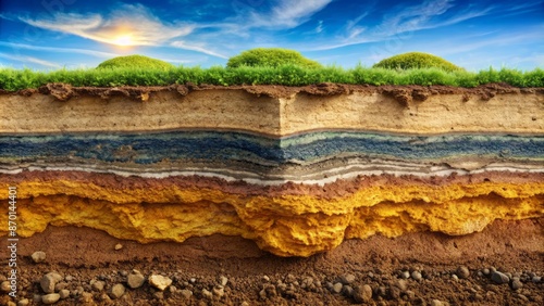 Macro view of layered earth composition showing stratification of brown topsoil humus, yellowish brown subsoil, and rocky underlying bedrock.