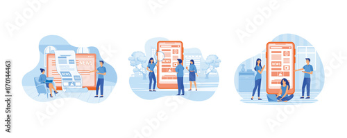 Read the latest news online on your smartphone or laptop. Online news mobile application. Young men and women use their own smart phones to read the news. Set flat vector modern illustrations