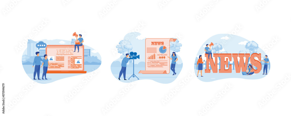 Fototapeta premium People read breaking news online using laptop. Breaking News Reporter With Broadcaster on the Monitor About Information Incident. Online breaking news concept. Set flat vector modern illustration