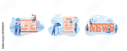 People read breaking news online using laptop. Breaking News Reporter With Broadcaster on the Monitor About Information Incident. Online breaking news concept. Set flat vector modern illustration