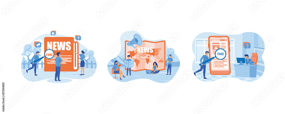 People scan fake news published on social networks. Fake News and Gossips. Man with magnifying glass scanning and check news on smartphone. Set flat vector modern illustration People scan fake news published on social networks. Fake News and Gossips. Man with magnifying glass scanning and check news on smartphone. Set flat vector modern illustration