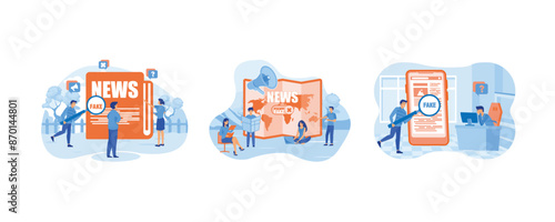 People scan fake news published on social networks. Fake News and Gossips. Man with magnifying glass scanning and check news on smartphone. Set flat vector modern illustration