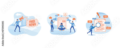 Fake news or misleading information that people share on social media. Stop spreading hoax and fake news. Man shocked from article in online press with lies. Set flat vector modern illustration