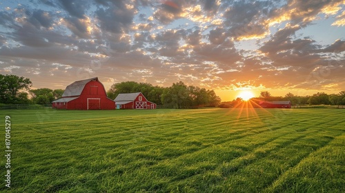 Stunning sunset over a lush green field with red barns and a dramatic sky in the rural countryside, capturing the serene beauty of nature.