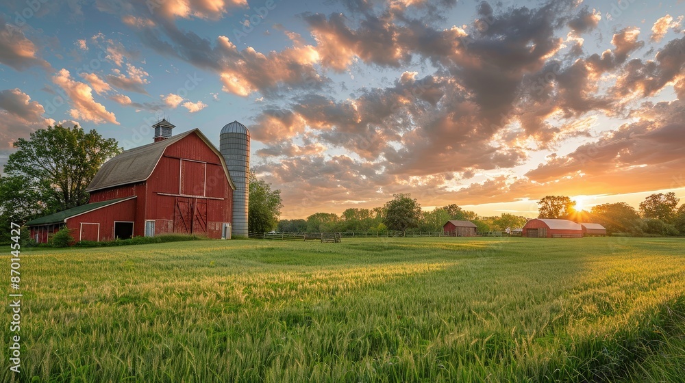 Stunning countryside scene featuring a red barn, silo, and lush green fields under a vibrant sunset sky.