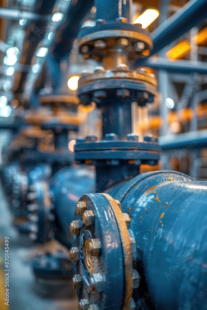 Detailed view of a blue industrial pipeline with bolts and valves, showcasing modern engineering and manufacturing. Detailed view of a blue industrial pipeline with bolts and valves, showcasing modern engineering and manufacturing.