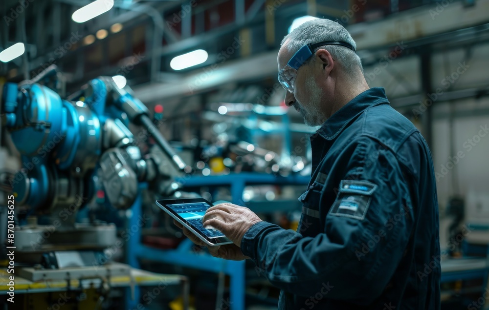 Engineer using tablet to control robotic arm welding in industrial factory Engineer using tablet to control robotic arm welding in industrial factory